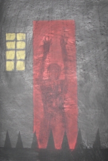 Fanget bak den røde døren, Materiale: kull og pastell, Format; 70x50 cm, År: 2011.